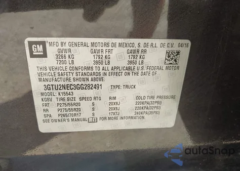 2016 GMC Sierra 1500 Slt из США, поврежденный, VIN 3GTU2NEC3GG282491